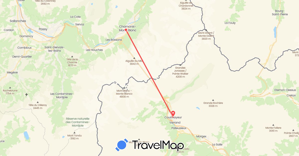 TravelMap itinerary: driving, hiking in France, Italy (Europe)